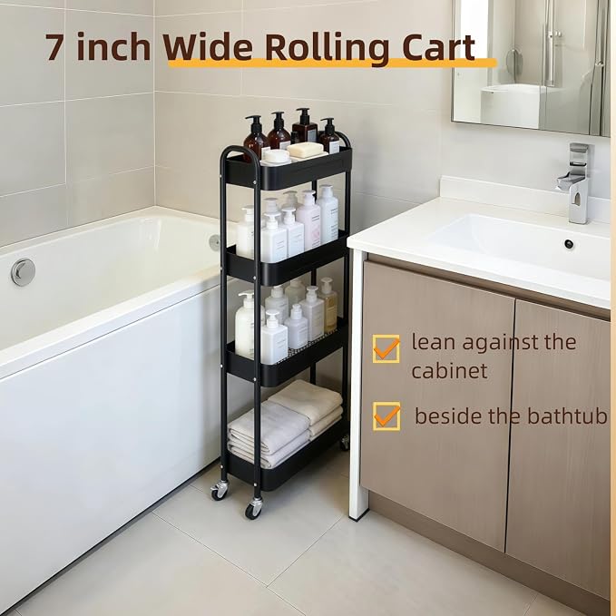 4 Tier Slim Storage Cart with Wheels for Laundry Room Between Washer and Dryer, 7.1'' Narrow Rolling Cart with Wheels and Lockable Casters, Metal Thin Standing Shelf for Small Space, Black - Image 6