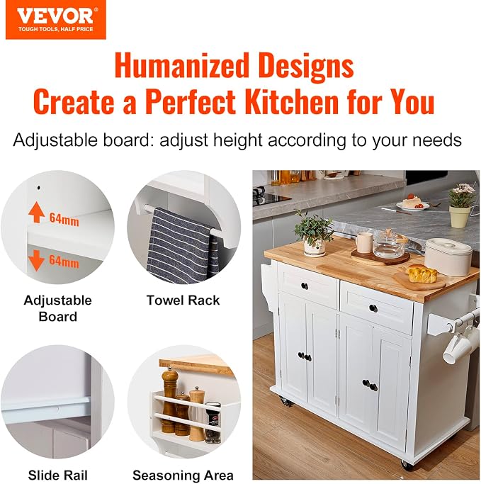 VEVOR Kitchen Island Cart with Solid Wood Top, 35.4" Width Mobile Carts with Storage Cabinet, Rolling Kitchen Table with Spice Rack, Towel Rack, and Drawer, Portable Islands on Wheels, White | Rolling Table with Storage Cabinet, Spice/Towel Rack, Drawe... - Image 2