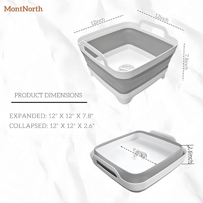 MontNorth Collapsible Wash Basin 9L, Foldable Dish Tub with Drain Plug, Portable Collapsible Dish Basin, Camping Sink for Washing Dishes, Laundry & Kitchen Use,Gray - Image 2