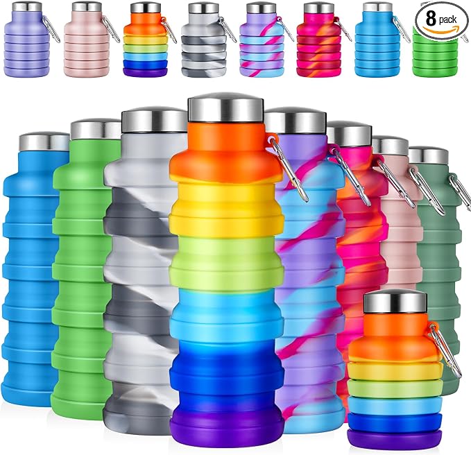 Lallisa 8 Pcs Collapsible Water Bottles Bulk, 17 oz Portable Reusable Silicone Water Bottle, Foldable Bottles for Travel Gym Camping Hiking, Leak Proof Sports Bottle with Carabiner(Mixed Colors) by Lallisa