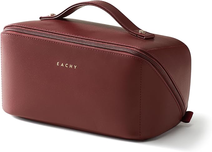 EACHY Travel Makeup Bag for Women, Flat Open Cosmetic Bag, Red, Medium | PU leather organizer with flat-open access, storage pockets and clear TPU brush compartment for daily makeup and toiletries by EACHY