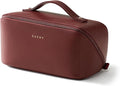 EACHY Travel Makeup Bag for Women, Flat Open Cosmetic Bag, Red, Medium | PU leather organizer with flat-open access, storage pockets and clear TPU brush compartment for daily makeup and toiletries by EACHY