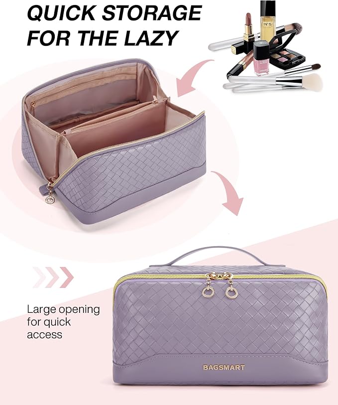 BAGSMART Makeup Bag, Travel Cosmetic Bag Organizer, PU Leather Water-Resistant Pouch, Open Flat Makeup Storage for Toiletries, Brushes, PU Leather Purple - Image 2
