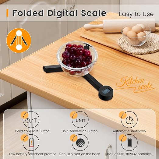 Folding Digital Kitchen Scale, Highly Accurate Compact Portable Food Scale with LCD Display, Auto Power Off and Tare Features, for Measuring Intake of Healthy Eating People (Black) - Image 3