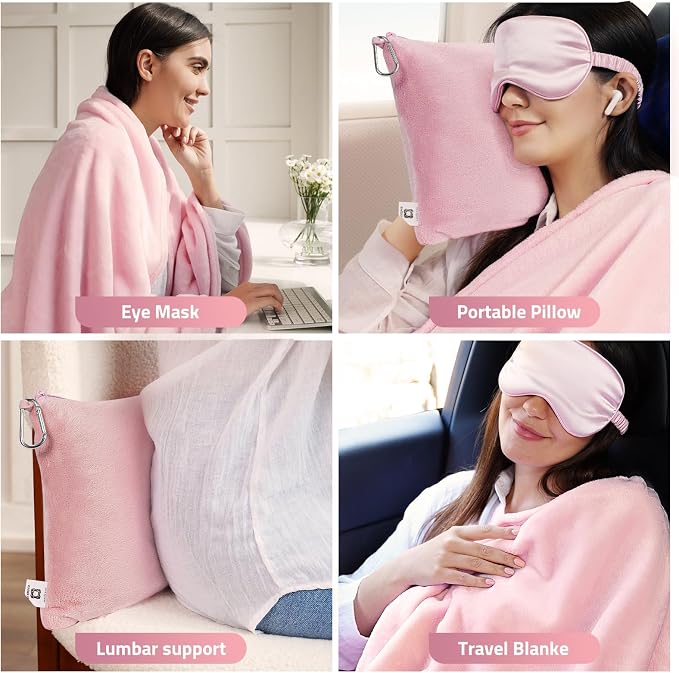 Travel Blanket Pillow,Airplane Blanket Compact with Bag Eye Mask, Ultra-Soft,Warm & Lightweight Included,Travel Essentials for Women & Men, Luggage Sleeve & Backpack Clip 65x40 in, Pink - Image 5