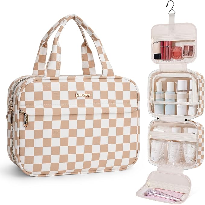 Narwey Hanging Toiletry Bag for Women Checkered Travel Makeup Bag Organizer Cosmetic Make up Toiletries Bag for Travel Essentials Accessories (Light Brown Checkerboard, Medium) by Narwey