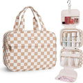 Narwey Hanging Toiletry Bag for Women Checkered Travel Makeup Bag Organizer Cosmetic Make up Toiletries Bag for Travel Essentials Accessories (Light Brown Checkerboard, Medium) by Narwey
