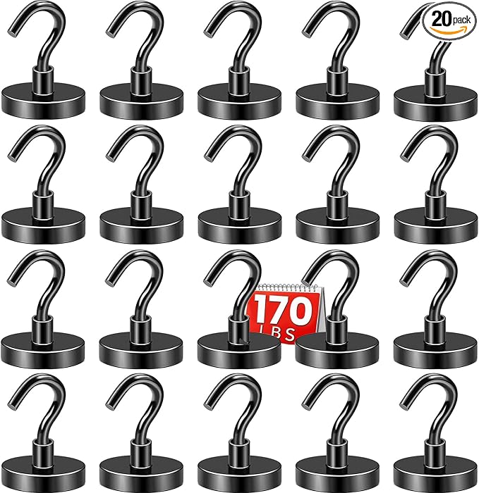 DIYMAG Magnetic Hooks 20pcs 170lbs Cruise Essentials 2026 Magnet Hook Black | Neodymium Heavy Duty Strong Magnets Hanging Ship Cabins Refrigerator Fridge Classroom Beach Vacation Kitchen Grills Home Tool by DIYMAG