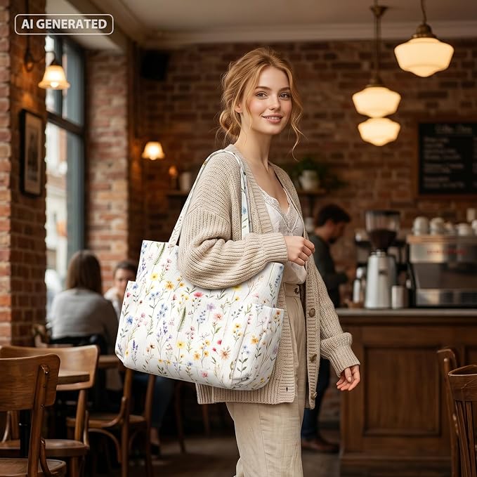 Corduroy Tote Bag for Women,Large Capacity Cute Tote Bags With 6 Pockets,Crossbody Shoulder Handbag for Work Travel Gym - Image 3