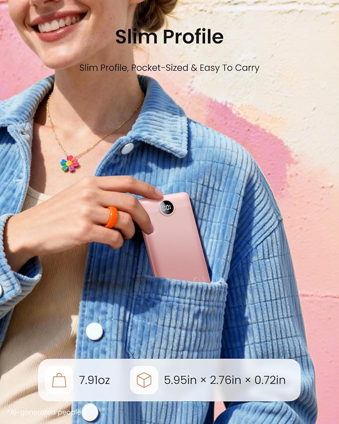 Portable Charger Built-in Cables and Wall Plug, 10000mAh Slim USB C Power Bank, LED Display External Battery Pack Compatible with iPhone/Android & More (Pink) - Image 4