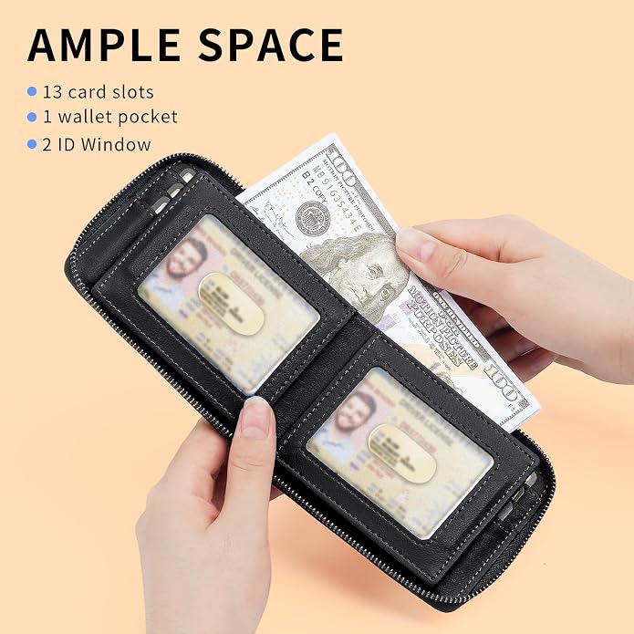 Men’s RFID Blocking Zipper Large Dimensions Wallet with 2 ID Windows - Large Capacity Design, 13 Credit Card Slots - Image 2