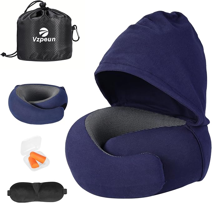 Travel Pillow - Hooded Neck Pillow Airplane Memory Foam Filling | for Plane, Office, Cars Sleeping, Road Trip, Long Flights Essentials, Includes Eye Mask & Earplugs (Navy) - Image 6