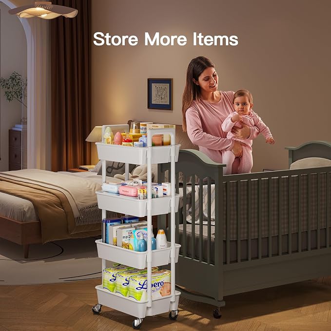 Pipishell 4 Tier Rolling Cart Organizer, Plastic Rolling Cart with Lockable Wheels & Reinforced Handle, Lightweight Utility Storage Cart for Nursery, Kitchen, Craft Room, White - Image 3