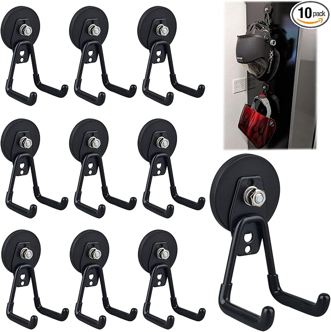 ULIBERMAGNET Heavy Duty Magnetic Garage Hooks,10 Pack Strong Large Magnet Hook for Power Drill,Garden Tools,Hose,Pegboard,Garage, Workshop,Magnetic Storage Hooks for Indoor Outdoor Hanging(Black) by ULIBERMAGNET