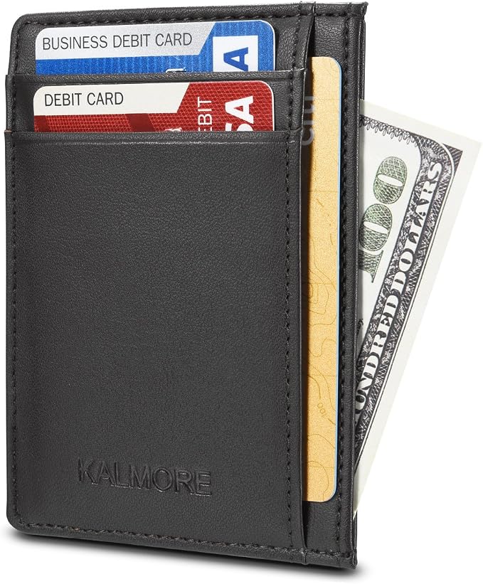 KALMORE womens Credit Holder Genuine Leather Slim Minimalist Card Case Wallet, Black With Id Window by KALMORE