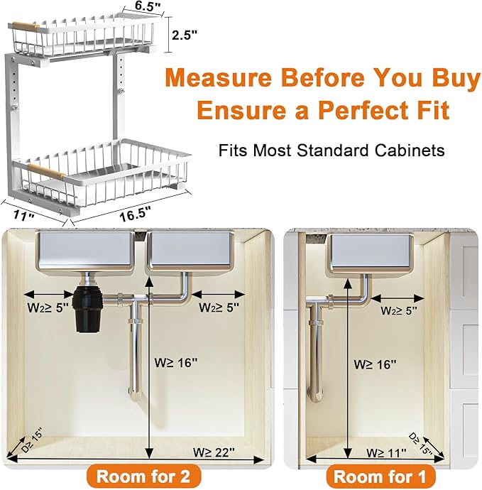 Under Sink Organizer, Height Adjustable Under Sink Organizers and Storage, 2 Tier Pull Out Drawer Cabinet Storage for Kitchen Bathroom, 1 Pack, White | cabinet organizer, 5 level adjustable, quiet sliding rails, dual suction and nano tape, no drill, ru... - Image 2