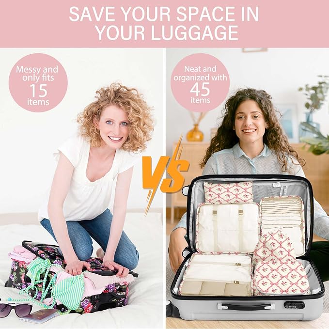 KPX 8 Set Packing Cubes for Travel, Luggage Packing Organizers Accessories Large Toiletries Bag for Clothes Shoes Cosmetics (8Set-Flower & Bow) - Image 5