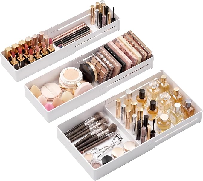 PAVSTINE 3-Pack Expandable Makeup Drawer Organizer, L/M/S | Adjustable 9.45"–16.69", Customizable Compartments, 3-Size Storage Tray for Kitchen, Bathroom, Vanity & Office by PAVSTINE