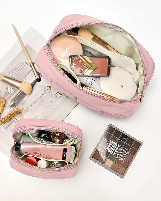 2 Pcs Makeup Bag Travel Toiletry Bag for Women Puffy Padded Cosmetic Pouch Purse Wide-open Makeup Organizer Case Travel Essentials - Image 2