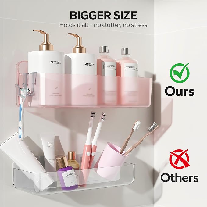 Nieifi Adhesive Shower Shelves, Pink, 5 Pieces | Rustproof ABS, Large Capacity, Removable Design, Easy-Clean, No Drilling Shower Organizer for Bathroom Storage & Home Decor - Image 4