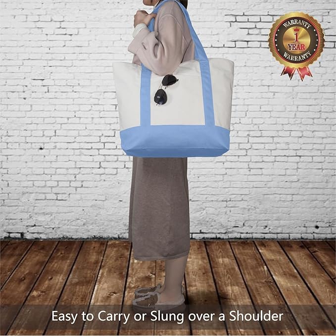 TOPDesign 6-Pack Canvas Tote Bags with an External Pocket, Reusable Grocery Shopping Bags, Top Zipper Closure, Daily Essentials (Light Blue/Natural) - Image 2