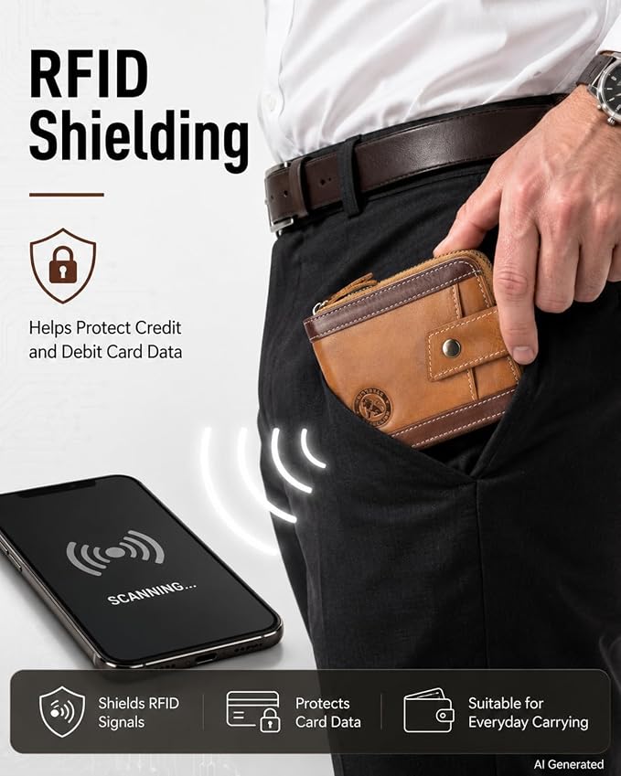 Men's Leather RFID Wallet with Zipper, 14 Card Slots, ID Window | Zippered coin pocket separates loose change; organized for commuting and everyday carry (Brown) - Image 2