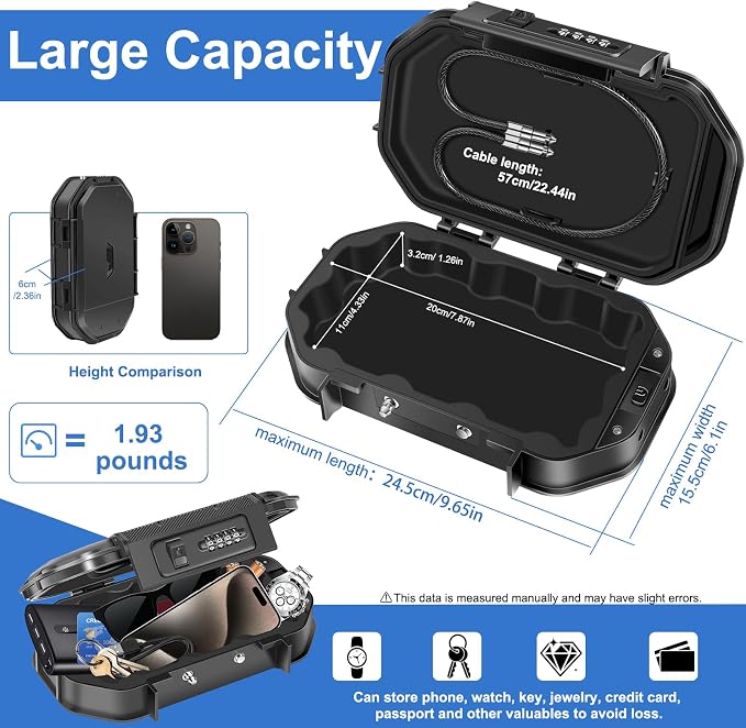 ZHEGE Portable Travel Safe Lock Box Waterproof, Small Beach Safe (Black) | Removable Cable (22.4 in), 4 Digit Code, Suitable for Vacation, College Dorm, Home, Hotel, Pool, Surfing, Camping - Image 5