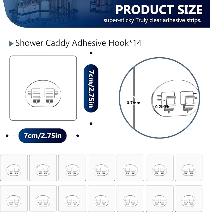 14 Pack Shower Caddy Adhesive Replacement, Waterproof Strong Hooks for Shower Caddy, No Drilling Bathroom Storage Shelves, Soap Holder, and Kitchen Racks (Clear 1 Hooks) - Image 2