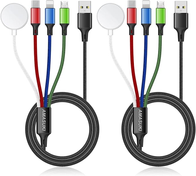 2Pack Multi Charging Cable for Apple Watch Charger 4 in 1 Travel Essentials RV Camping Essentials USB C/L/Micro Compatible with iWatch Series 11-1/iPhone 17/16/15/Android Airplane Gadgets-4FT by ChargeBeyondPowerWithin