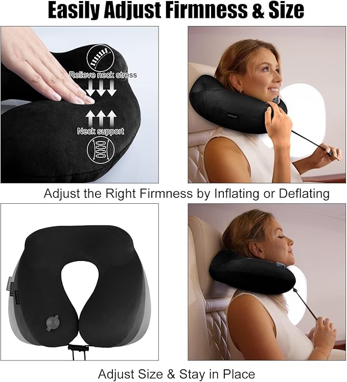 Inflatable Travel Neck Pillow for Airplanes, Super Soft Velvet Neck Support, Adjustable Firmness, Blow Up Plane Pillow for Long Flights, Road Trips, Travel Essentials with Eye Mask, Earplug - Image 5