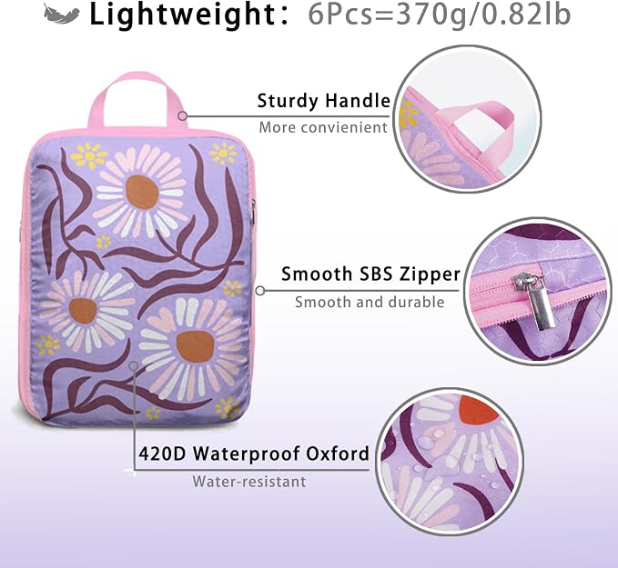 6 Pcs Compression Packing Cubes for Travel, Waterproof Luggage Organizer Washable Storage Bags Set - Packaging Cubes for Backpack Travel and Carry-Ons - Image 4