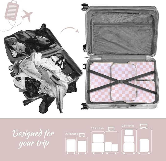 WOOMADA Compression Packing Cubes for Suitcases Travel Essentials 4 Set Expandable Travel Bags Organizer for Luggage(pink checkerboard) - Image 5