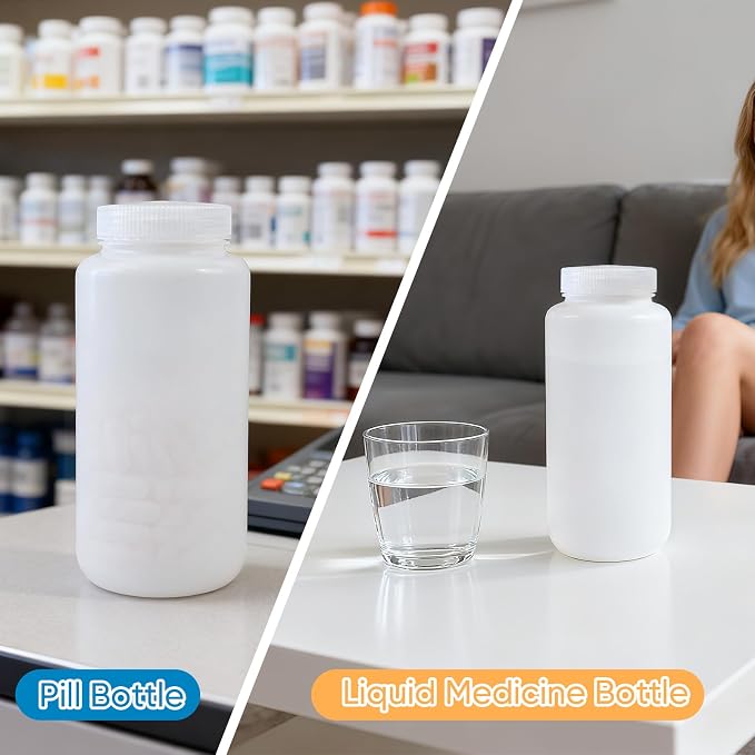 DEMORA 32 oz Plastic Bottles with Lids, Airtight Refillable Wide Mouth Travel Bottles for Toiletries, HDPE Food Grade Plastic Containers for Liquids Pill Water Sample Lab Reagent (Translucent, 2 Pcs) - Image 3