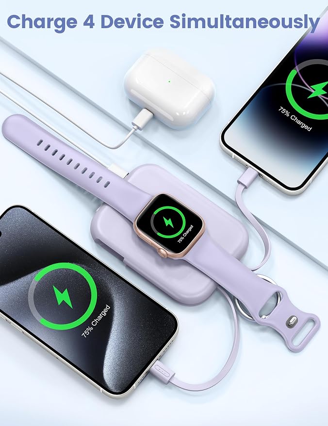 RORRY CharmGo Portable Charger, 5000mAh Portable Charger Power Bank | Built-in Cables,Travel Keychain Battery Pack Essentions for Apple Watch 1~11 Series/Ultra/SE & iPhone Air/17/16/15/14/13/12 - Image 4