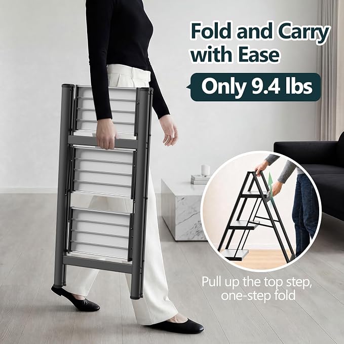 3 Step Ladder, Foldable Step Stool, 300lbs Load, Black & White | Folded 35''H x 3''T; Net 9.9 lbs; Rigid Aluminum Steps; No Assembly; For Home, Kitchen, Office, Pantry, Closets, Cabinets - Image 3