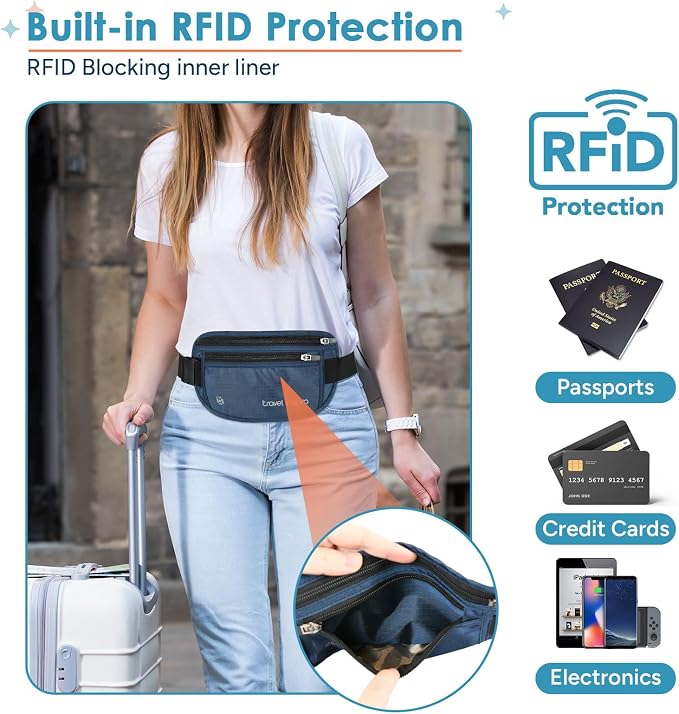 Travel Money Belt with Slim Anti-Theft RFID Passport Holder for Travel | Waist Pack Concealed under Clothes for Ultimate Protection of Credit Cards, Cash, Passport & Documents, Navy Blue - Image 3