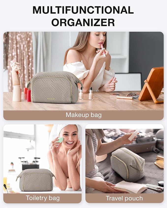 BAGSMART Travel Makeup Bag, Cosmetic Bag Small Make Up Organizer Case,Wide-open Pouch for Women Purse for Toiletries Accessories Brushes,Large Tranquil Gray - Image 4