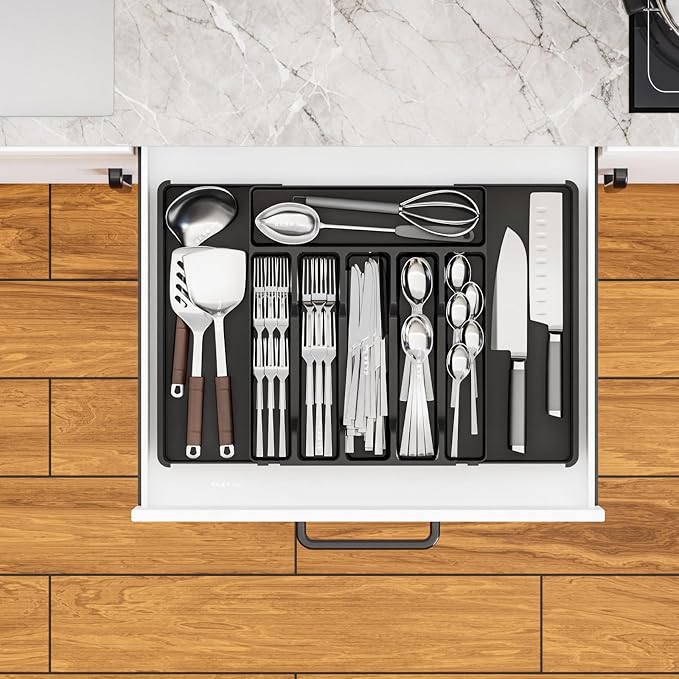 Black Expandable Silverware Drawer Organizer - Adjust From 11'' to 22'' - Knife,Cutlery,Spoons and Forks Organizer,Large 8 Grid Flatware,Silverware Tray,Utensil Organizer for Kitchen Drawers - Image 5
