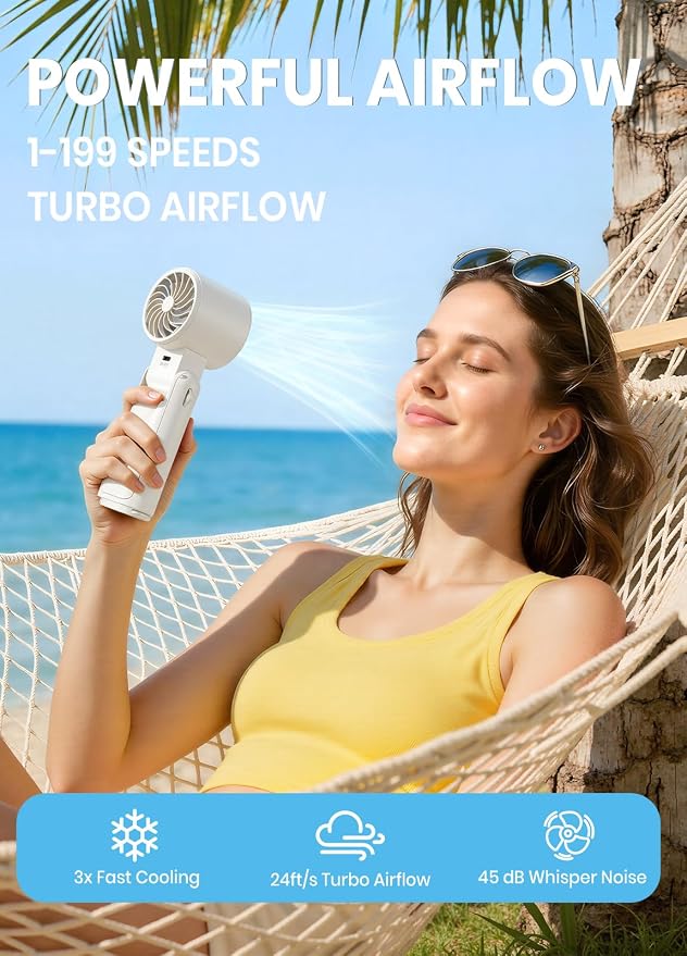 Portable Handheld Turbo Fan, 1-199 Speed Adjustable, White | 4 IN 1 Pocket Design with LED Display, High-Power Motor, Rechargeable Battery, Mini Fans for Indoor/Outdoor/Travel/Work - Image 2