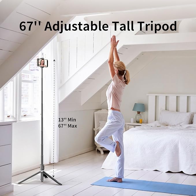 67'' Automatic Phone Tripod, Auto-Open Selfie Stick for iPhone with Remote, 360° Rotatable Extendable Phone Stand for Video Recording Vlog, Stable Travel Tripod Compatible with iPhone Android - Image 3