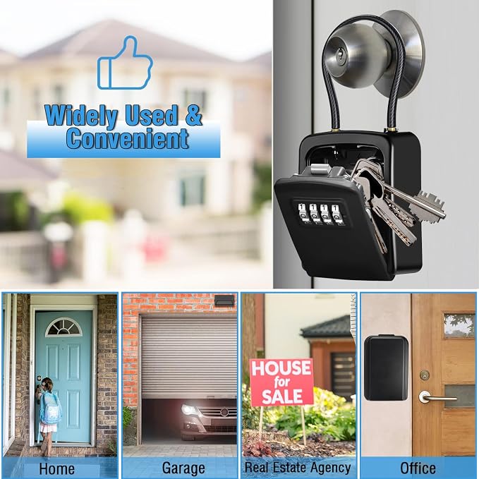 4 Digit Combination Key Lock Box, Portable Key Safe with Removable Cable, Resettable Waterproof Key Storage Box for Outdoor Door Knob Mount, Ideal for Airbnb, Home, Garage, Office & Vacation Rental - Image 8