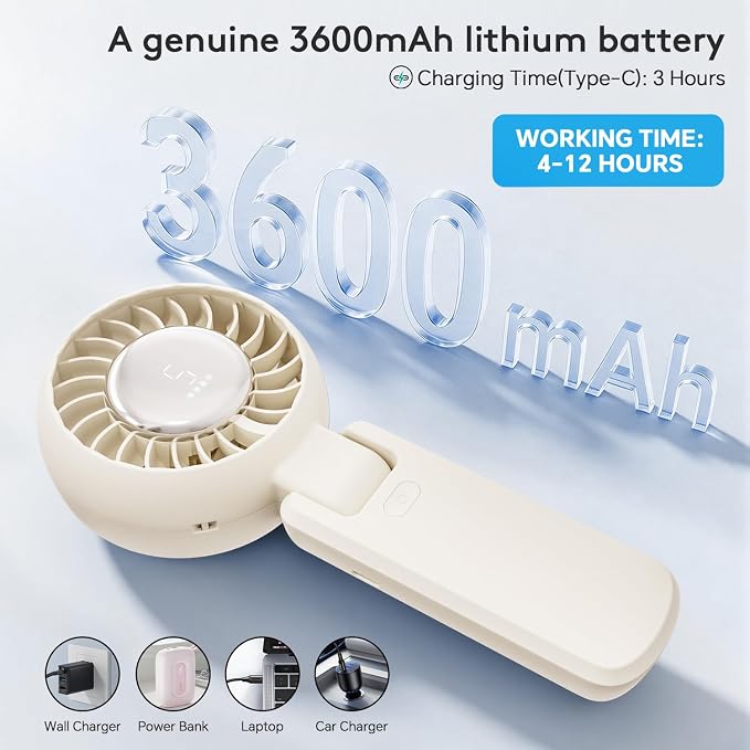 ZOZOO Portable Fan, USB Rechargeable 194°Folding Handheld Fan,5 Speed&LED Display &High Power Motor Table Fan, 3 IN 1 Quiet Strong personal Neck fans for Travel,Camping,Beach (White) - Image 3