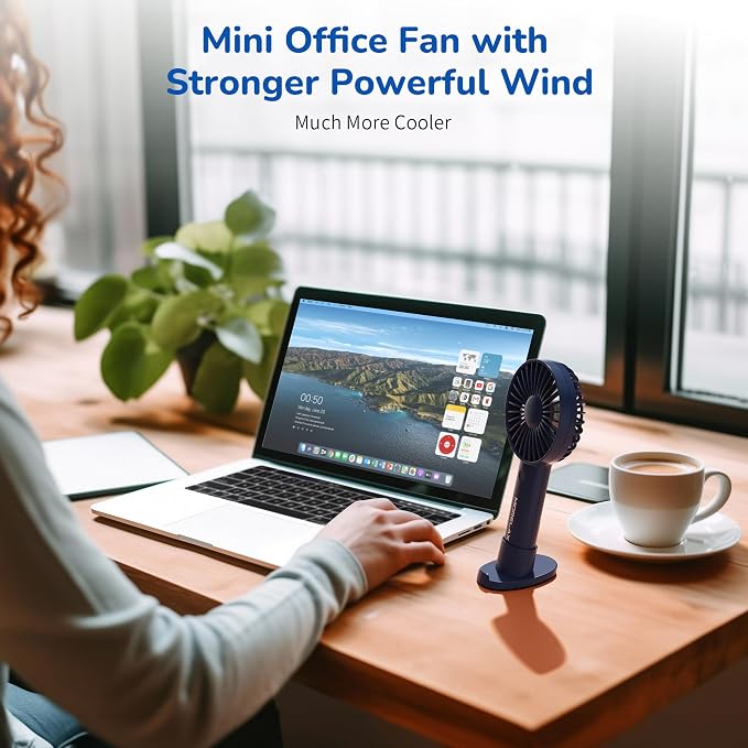 Jancane Handheld Fan, USB Rechargeable Mini Portable Fan with Base, 10H Battery, Strong Wind, Small & Powerful, Cute Design for Travel, Makeup, Girls Women Summer Gift (Dark Blue) - Image 7