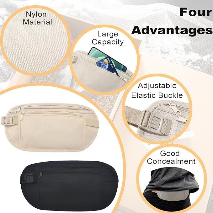 FuninCrea Money Belt, Nylon Fanny Pack Hidden Belt Bag with RFID Blocking for Women Men, Anti-theft Waist Pack Under Clothes with Adjustable Buckle for Travel, Running, Hiking, Cycling (khaki+black) - Image 4