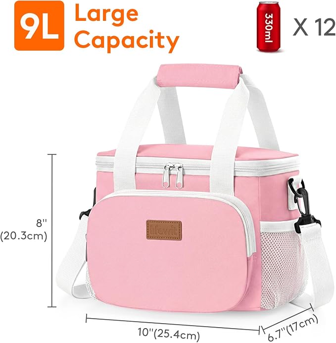 Lifewit Medium Lunch Bag, Insulated Lunch Box, Soft Cooler Cooling Tote for Adult Men Women, Light Pink 12-Can (9L) - Image 3