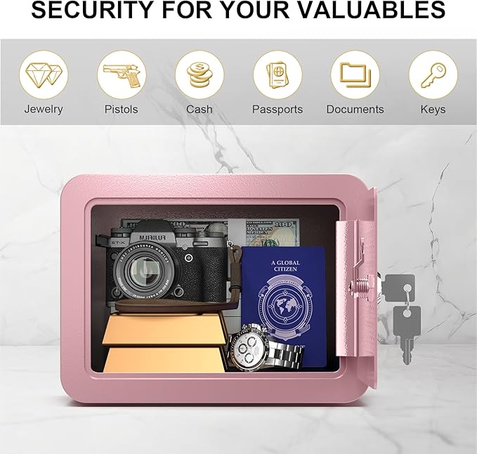 Marcree 0.23 Cubic Small Safe Box for Home, Mini Safes for Kids, Pink Safe | Security Cabinet Safes with Cutting-edge Bending, Lock Box with Keys for Money Cash, 6.69x 9.06x 6.69 Inches, Pink - Image 5