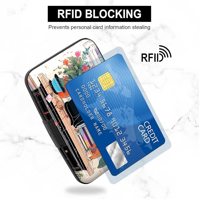 Credit Card Holder, Mini Aluminum Card Wallet RFID Blocking Slim Metal Hard Card Case for Women Men, Cat on Closet - Image 3