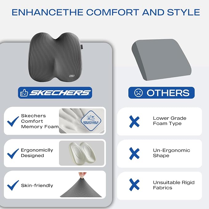 Skechers Seat Cushion, Ergonomic Memory Foam Cushion for Long Sitting Hours on Office & Home Chair, Car Seat Cushion for Sciatica, Coccyx Cushion,Gray - Image 6