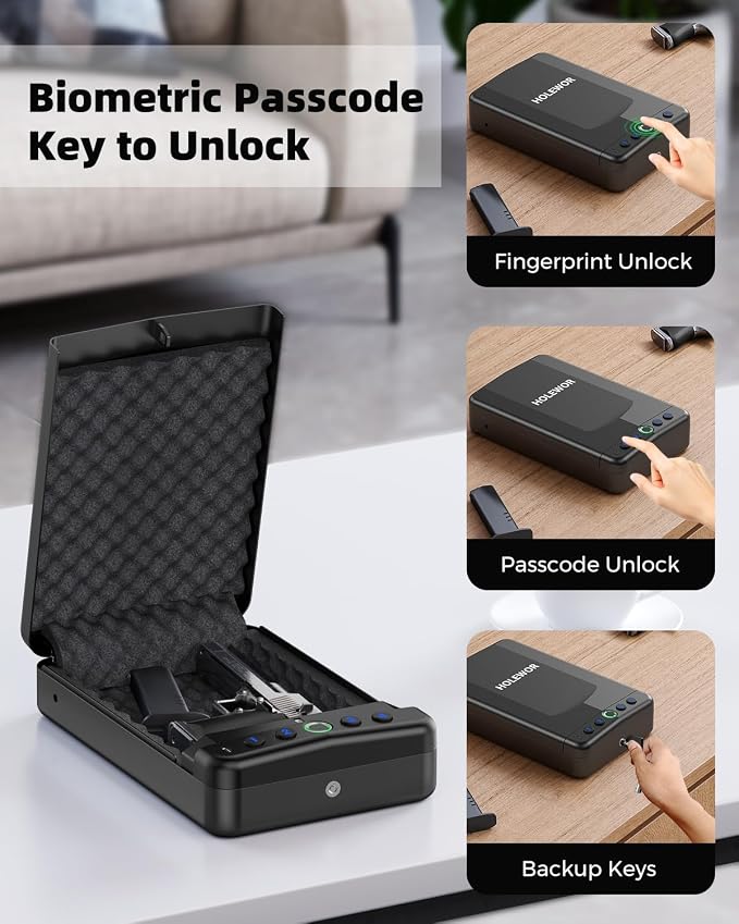 Car Gun Safe Small Portable Biometric Handgun Lock Box for Travel | 3 Ways Quick Access Fingerprint Compact Single Carrying Pistol Case for Vehicles Under Seat with Emergency USB C Power Supply - Image 2