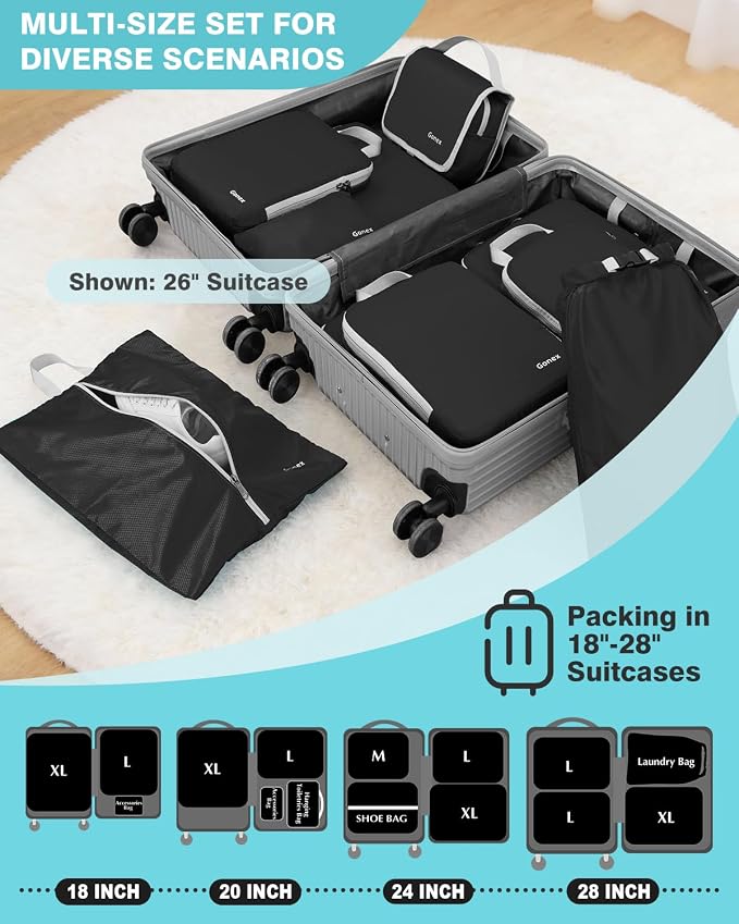 Gonex 10-Piece Compression Packing Cubes with Travel Organizer Set | Expandable Design, Hanging Toiletry Bag, Laundry Bag, Shoe Bag, Accessories Bag, Ripstop Fabric - Image 6